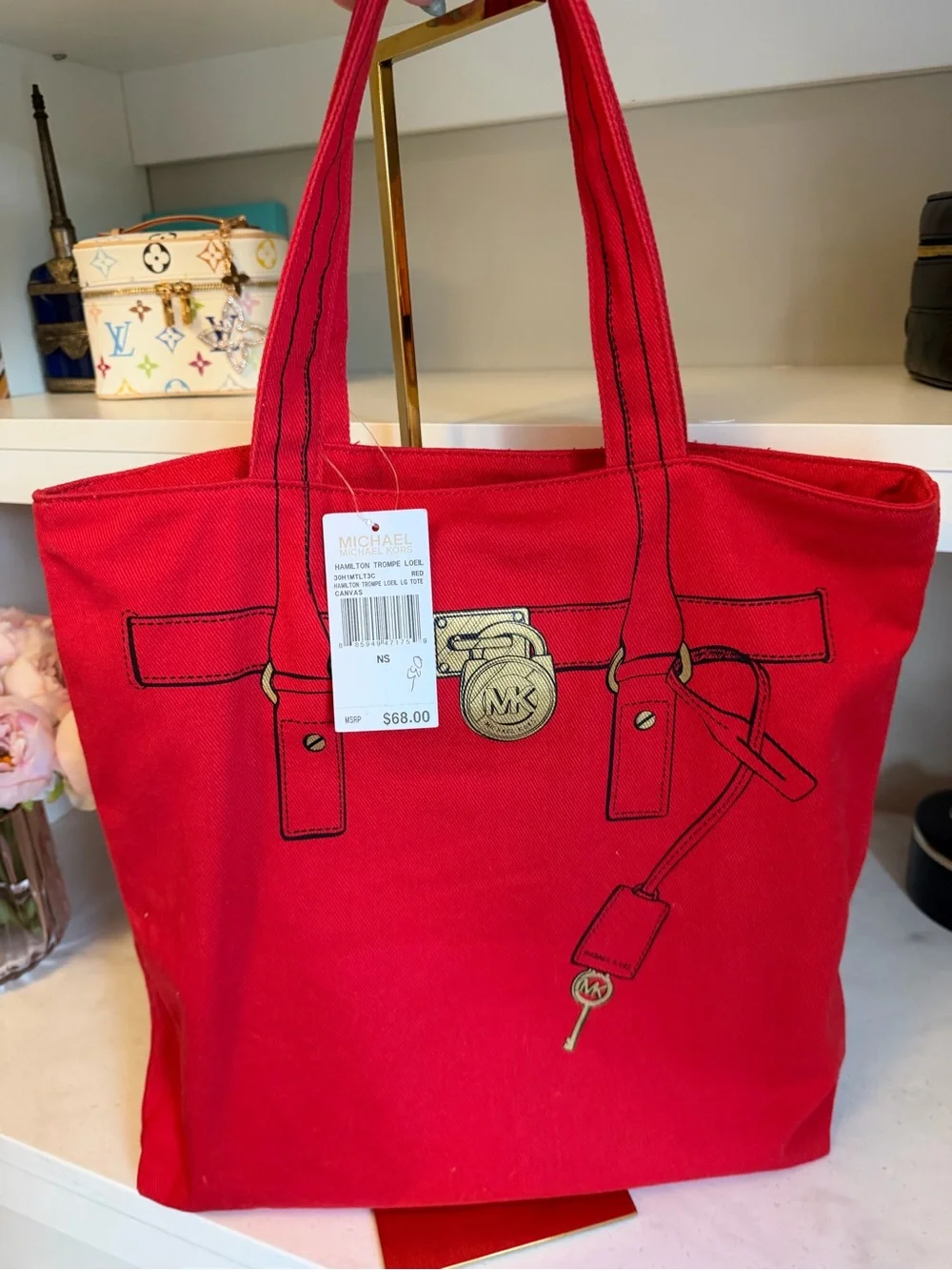 Michael Kors NWT Red Canvas Hamilton Tote with Gold Accent Print